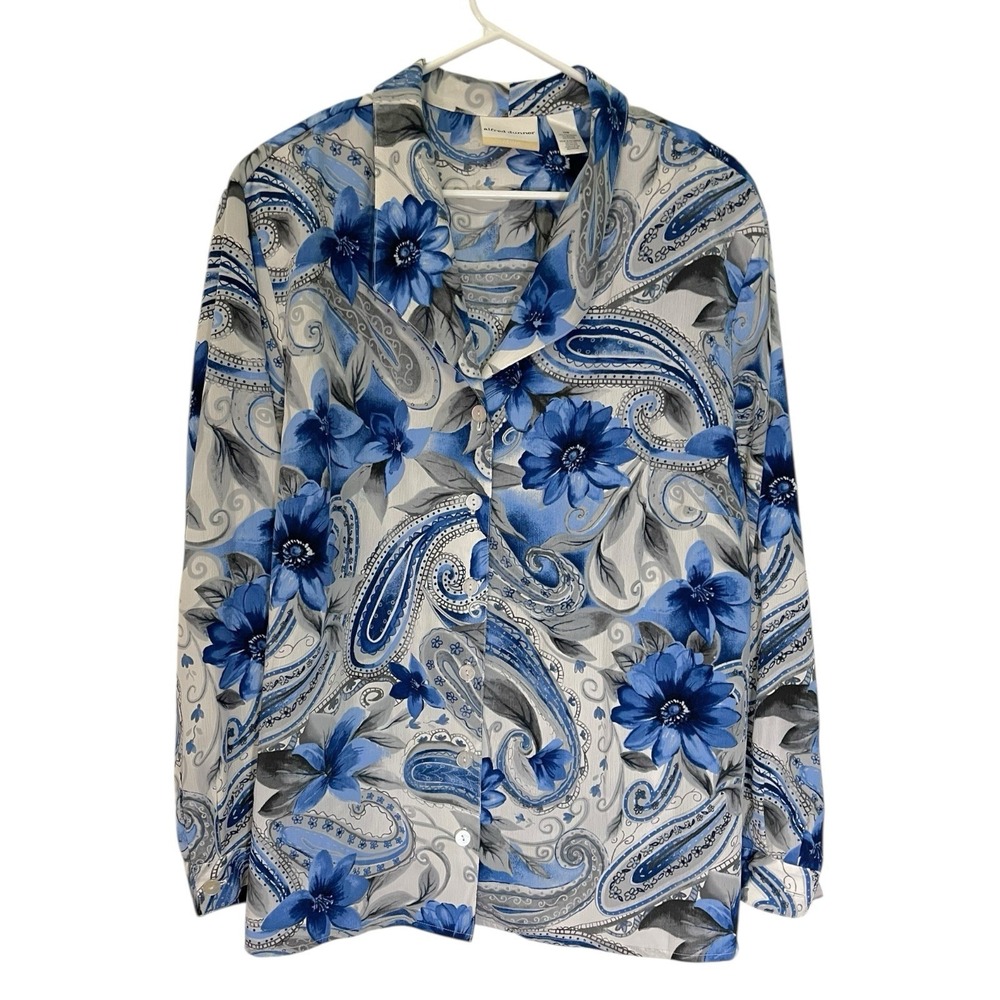 Alfred Dunner 24W Blue Paisley Floral Button Up Blouse Long Sleeve Officecore